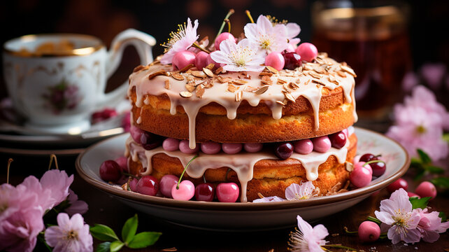 delicious easter cake with painted eggs and red roses