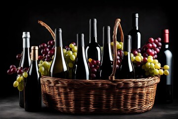 basket with wine and fruits