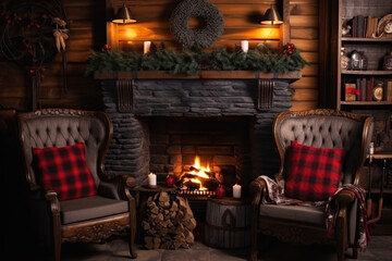 Cozy Christmas setting with fireplace and festive decorations. - obrazy, fototapety, plakaty