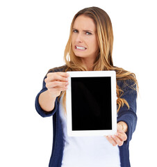 Portrait, confused and woman with tablet, mistake and facial expression isolated on a transparent background. Face, person and model with tech, screen and bad review with feedback, reaction and png