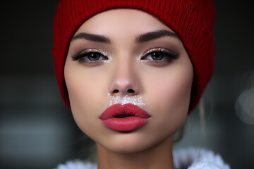 Sensual portrait of a beautiful young woman in red winter cap with snow over her upper lip, Christmas make up