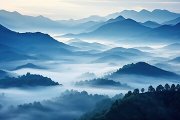 Beautiful landscape of mountains in foggy morning. Beauty in nature.