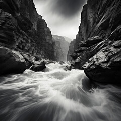 fotografia en blanco y negro con detalle de cañon entre riscos de piedra, con rio de aguas bravas