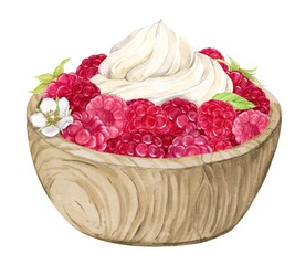 Ripe strawberries in a bowl. Ripe berries and whipped cream. Watercolor illustration. Healthy eating concept. Rustic drain.