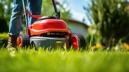 Close-up of a working lawn mower cutting a green lawn. Lawn and garden care, gardener. Mowing garden lawn.