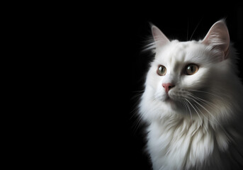 Portrait of white fluffy cat on a black background with copy space
