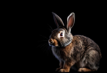 Portrait of fluffy reabbit on a black background with copy space