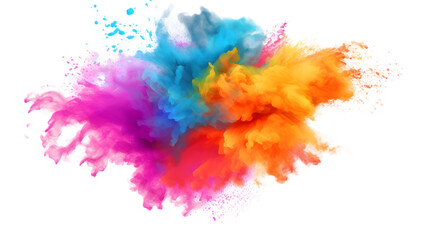 Fototapeta na wymiar Color powder explosions with circle banner. Splash of paint dust with particles. Vector realistic clouds of colorful powder isolated on a white transparent background. Generative AI.