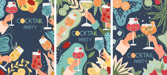 Banner with various cocktails. The collection includes classic alcoholic and non-alcoholic drinks in a variety of glasses suitable for menus and various celebrations.Vector. - obrazy, fototapety, plakaty
