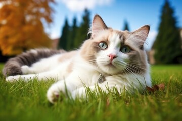 Naklejka na ściany i meble bicolor ragdoll cat sprawled on a green grass lawn