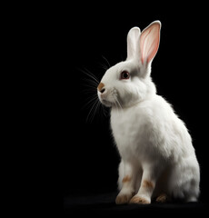 Portrait of cute white fluffy reabbit on a black background with copy space