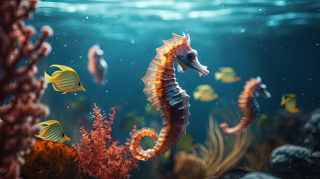 Horizontal AI photo of a several seahorses in the ocean. Marine animals concept.