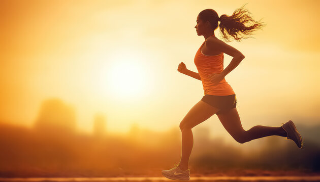 Female jogger running at sunset ,spring concept