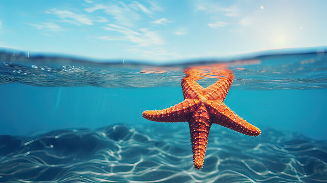 Horizontal AI photo of starfish in the ocean. Copy space. Marine animals concept.