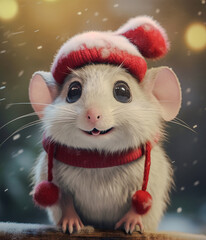 Mała biała, uśmiechnięta  mysz w czapce i szaliku. Zimowa atmosferę, padający śnieg. - obrazy, fototapety, plakaty