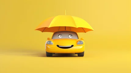 Fotobehang Cute funny yellow car under an umbrella. Car insurance and protection concept. Yellow background. © Nonna