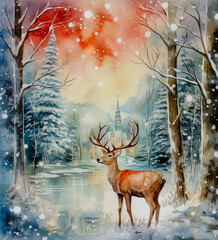 Zimowy pejzaż namalowany farbą akwarelową. Widok na jelenia stojącego w lesie.