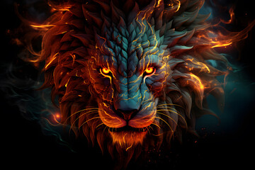 Fire lion artwork on dark background wallpaper
