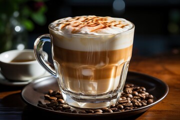 Delicious glass cups with cappuccino coffee