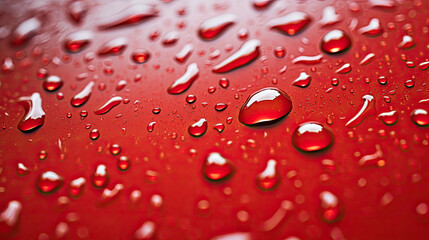water drops on red background, Hydrophobic water effect on red car paint after rain. Water drops on metal surface