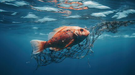 Horizontal AI photo of a fish in the ocean in a of net due to sea pollution. Social problem concept.
