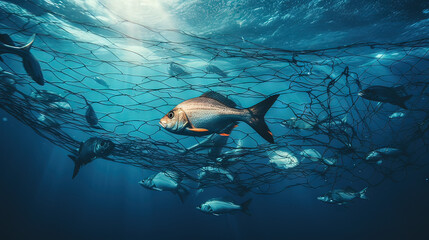 Horizontal AI photo of fish in the ocean caught by a net. Sea pollution. Social problems concept