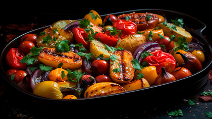 roasted chicken with vegetables in pan