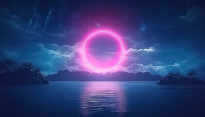 Circle sunset in the water in neon color ,spring concept - obrazy, fototapety, plakaty