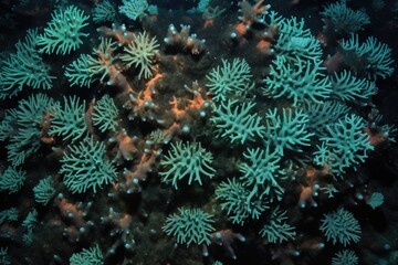 Fototapeta na wymiar dense cluster of coral polyps at night