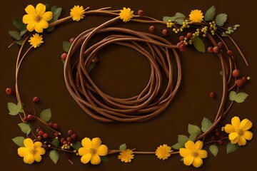 Ring of grapevine on a stick with rowan, leaves, yellow flowers on a chocolate brown background
