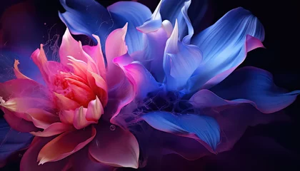 Foto op Plexiglas petals of an unseen flower on a black background in neon color ,spring concept © terra.incognita