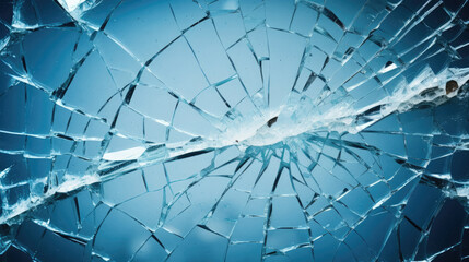 Texture of cracked glass close-up as a background. Broken car windshield. Glass cracks isolated on blue background