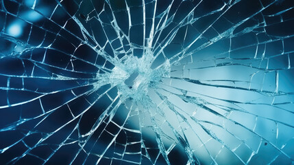 Texture of cracked glass close-up as a background. Broken car windshield. Glass cracks isolated on blue background 