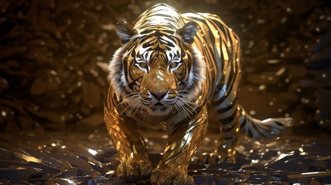 Gold fractalism bengal tiger animal artwork photography image AI generated art