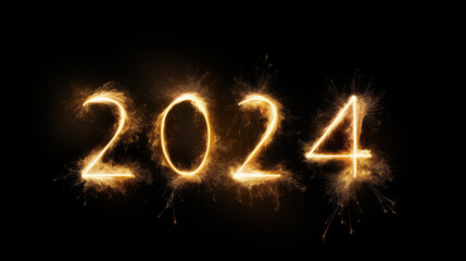 Gold sparkler firework text with 2024 caption on black background. New year 2024