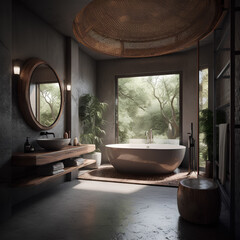 African style interior of bathroom with large window in modern house.