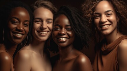 Fototapeta premium Group of beautiful women of different races come together to create a vibrant portrait. Concept of ethnic diversity. Generative ai