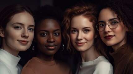 Obraz premium Group of beautiful women of different races come together to create a vibrant portrait. Concept of ethnic diversity. Generative ai