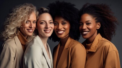 Fototapeta premium Group of beautiful women of different races come together to create a vibrant portrait. Concept of ethnic diversity. Generative ai