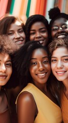 Obraz premium Group of beautiful women of different races come together to create a vibrant portrait. Concept of ethnic diversity. Generative ai