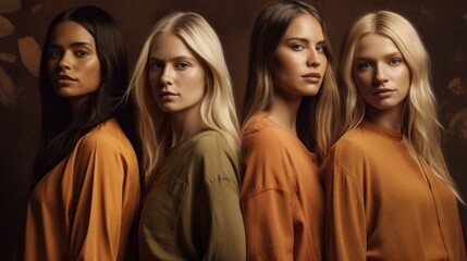 Fototapeta premium Group of beautiful women of different races come together to create a vibrant portrait. Concept of ethnic diversity. Generative ai