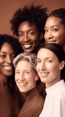 Obraz premium Group of beautiful women of different races come together to create a vibrant portrait. Concept of ethnic diversity. Generative ai