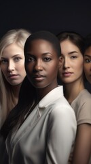 Obraz premium Group of beautiful women of different races come together to create a vibrant portrait. Concept of ethnic diversity. Generative ai
