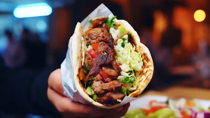 Foto op Plexiglas Kebab, pita, gyros, shaurma, wrap sandwich. Street food. Takeaway food. © Natalia Klenova