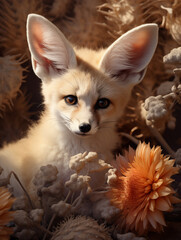 Portrait of a fennec desert fox (Vulpes zerda) with flowers