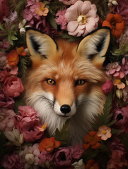 Portrait of a red fox (Vulpes vulpes) with flowers and floral arrangements