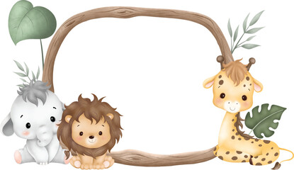 Watercolor Illustration wooden frame with cute baby safari animals sit on green grass and tropical leaves © Stella