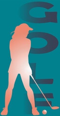 color vector illustration depicting a silhouette of a girl playing golf for the design of posters, banners, and interiors in a sports style