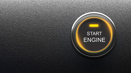 Start engine button. Starting motor of electric car. Start engine logo on black background. Button for push movement of modern transport. Start engine button with yellow backlight. 3d image