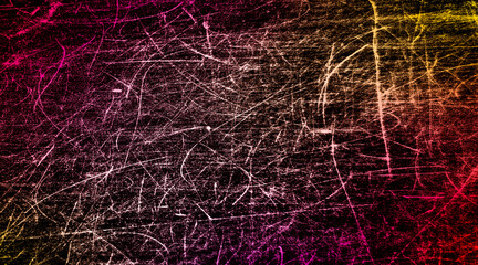 Original red yellow pink orange grunge background. Texture with large and small grain scratches and damage. Desktop design, website banner. Big, wide, colorful, mix, bright distress template, pattern